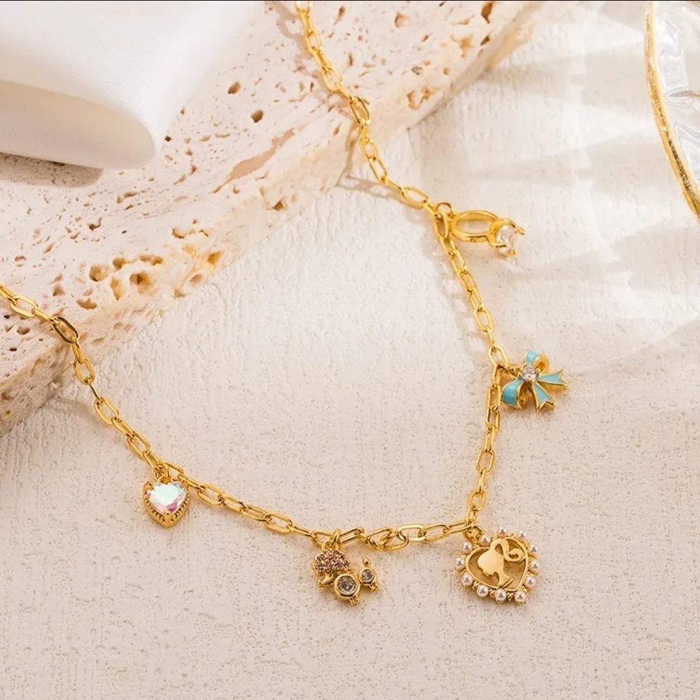 14K Gold Barbie Theme Mismatched Pendants Charm Necklace (Head Heart Silhouette)